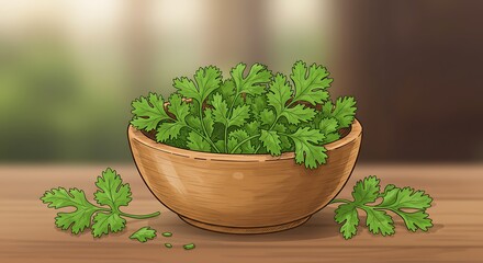 Fototapeta premium Illustration of Cilantro in a bowl - Freshness and health - Culinary blogs