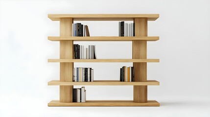 Modern Wooden Bookshelf Displaying Various Books in Minimalist Style