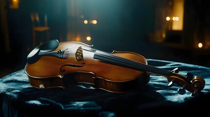 Elegant Violin Resting on Velvet Surface in Dimly Lit Room with Warm Glow