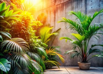 Fototapeta premium Minimalist Summer Tropical Urban Garden: Lush Greenery in Cityscape