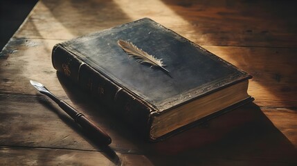 Antique Book with Feather Quill on Wooden Desk in Warm Light