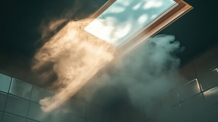 Steam rising from shower, skylight above, tiled walls, relaxing bathroom