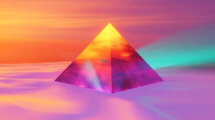 Enigmatic glowing pyramid surreal landscape digital artwork neon gradients aerial view vibrant illumination