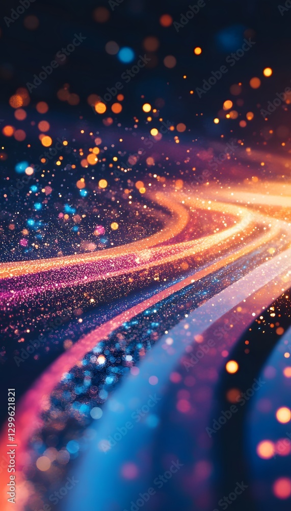 Poster abstract image of colorful flowing lights and scattered bokeh