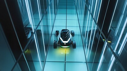 A futuristic robotic vehicle navigating a glossy corridor illuminated by bright blue LED lights reflecting on sleek mirrored surfaces