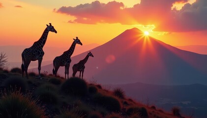 Fototapeta premium Three giraffes on Kilimanjaro mountain peak, looking out over the sunset landscape, african wildlife, safari, giraffe