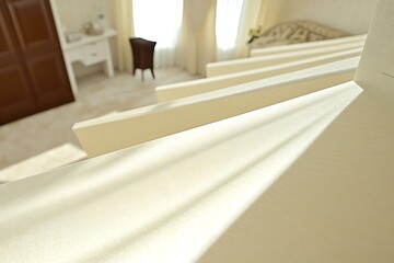 Abstract stairwell perspective in tranquil home interior setting and lighting