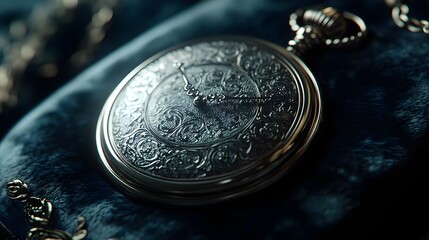 Close-up of an Intricate Vintage Pocket Watch on Soft Blue Velvet Background