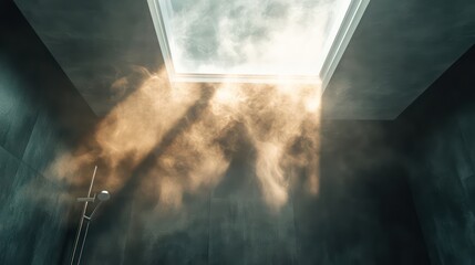Steam fills modern shower, sunlight through ceiling. Relaxation, spa, wellness