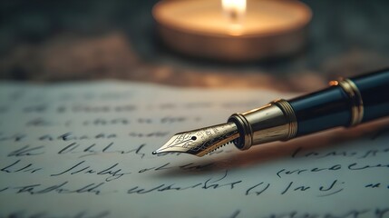 Elegant Fountain Pen Writing Illuminated by Candlelight at Night