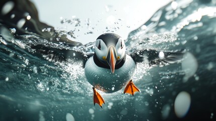 Atlantic puffin swimming underwater with vibrant beak and splashing water.