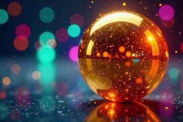 Close up of rotating gold mirrored sphere with colorful lights, reflection, celebration, reflection