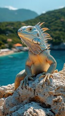 Obraz premium Iguana with iridescent scales basks in the sun on a rock overlooking a picturesque bay with turquoise water and lush green hills in the background