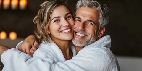Happy couple wearing white bathrobes hugging and smiling in a spa with candles in the background, enjoying their relaxing wellness treatment