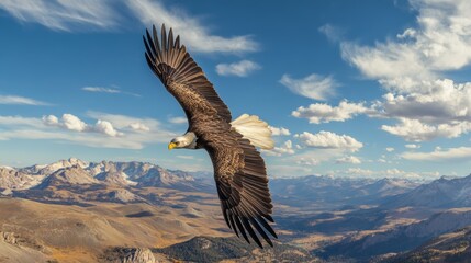 Naklejka premium Bald eagle soaring over majestic mountain landscape with blue sky and clouds.