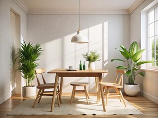 Minimalist White Room Interior Mockup: Natural Wood Table & Decor