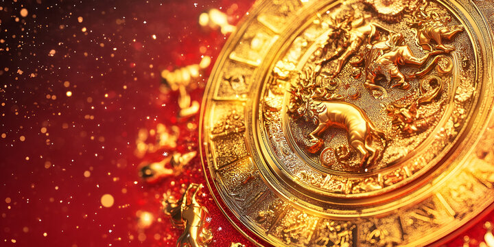 Golden Zodiac Symbols on Red Festive Background for Astrology Themes