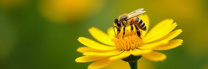 Beautiful macro shot of a honeybee collecting nectar from a yellow blossom, nature, macro, insect