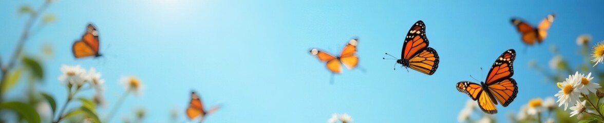 Obraz premium Beautiful monarch butterflies fluttering in the sunlight against a clear blue sky, flying, nature, vibrant