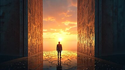 Gateway to New Beginnings: Man Standing Before a Bright Horizon