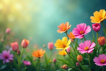 Fototapeta premium Beautiful spring background with colorful flowers in full bloom, vibrant, garden