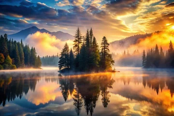 Tableau sur aluminium  Misty Mountain Lake Sunrise: Double Exposure Dreamy Landscape Photography  © Man888