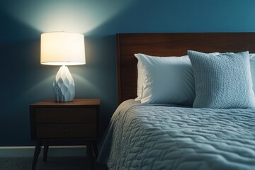 Cozy bedroom with lamp lit at night.