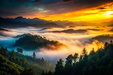 Misty Sunset Mountain Valley Landscape - Foggy Forest Scenic View
