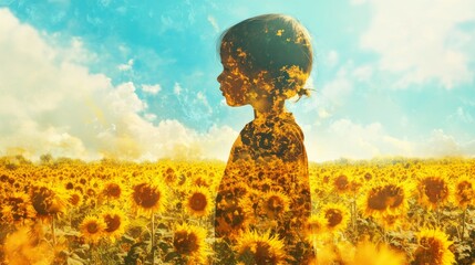 Child's outline filled with a field of golden sunflowers nature illustration outdoor child's perspective whimsical beauty © วุฒิชัย จันทิมา