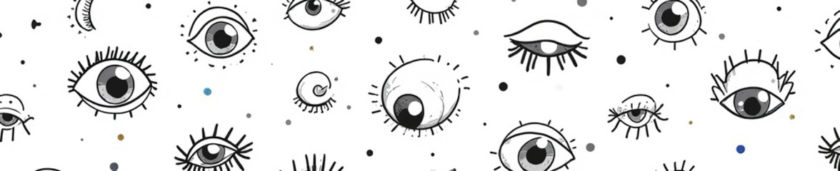 Obraz premium Black and white doodle eyes seamless background for modern graphic design projects, wallpaper, pattern, vector