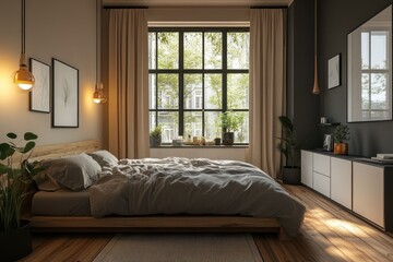 Cozy bedroom with large window, natural light, plants, and wooden bed.