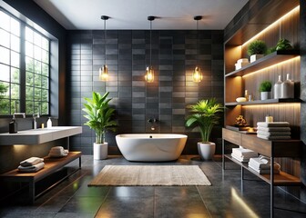 Modern Black Bathroom Interior with Luxury Bath Products & Towels
