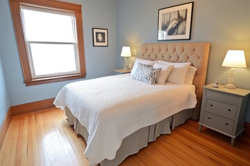 Cozy bedroom with light blue walls, hardwood floors, and a comfortable bed.