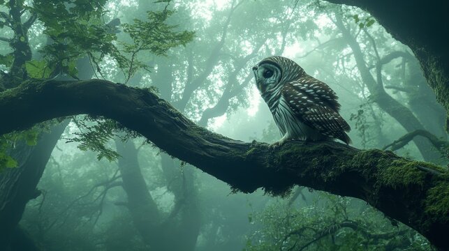 Barred owl perched on mossy tree branch in misty forest.