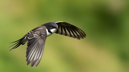 Fototapeta premium Black-capped small bird in flight with outstretched wings captured against green background.