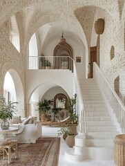 Inviting Interior Space with Arched Ceilings, Staircase and Living Area