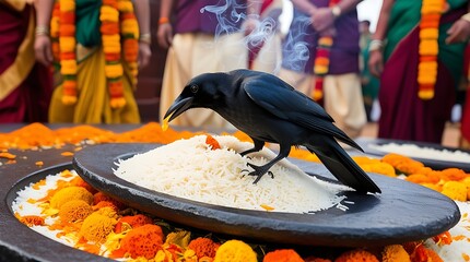 Black crow pecking at a ceremonial offering of rice, surrounded by colorful flowers and traditional Indian attire, symbolizing ancestral rituals, spirituality, and cultural traditions.

