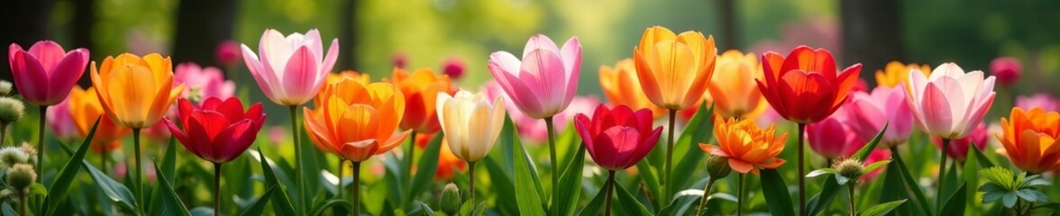 Bright and cheerful display of various types of colorful blossoms in a garden, sunny, floral, garden