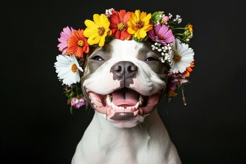 Cute baby dog collie wearing feral flower circlet on its head - symbol of sunny vacation time....