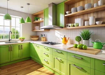 Modern Kitchen Design: Light Worktop, Green Storage, Stainless Steel Appliances