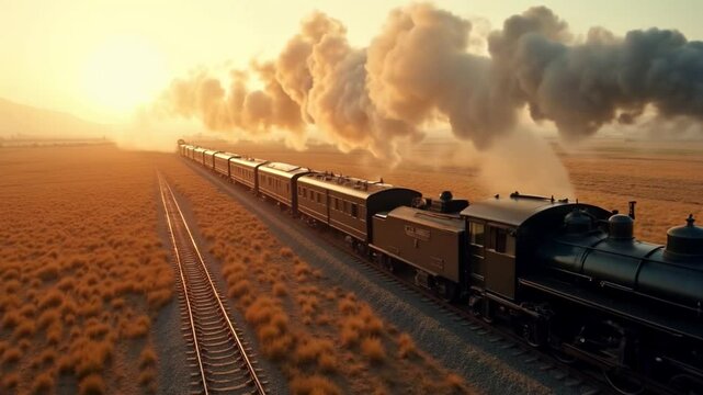 19th-century steam locomotive and railroad expansion, aerial shot