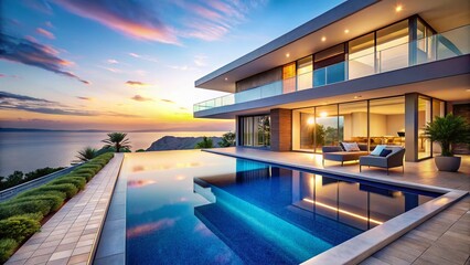 Modern Luxury Villa with Infinity Pool & Breathtaking Ocean View - Stock Photo