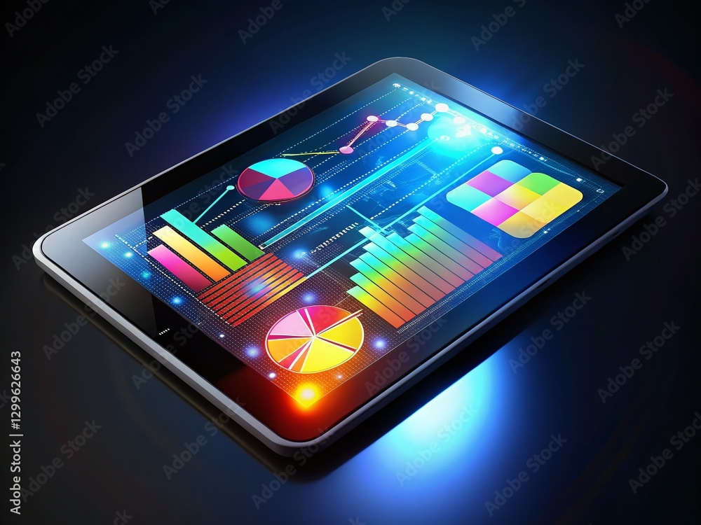 Poster modern technology: tablet computer displaying complex diagrams on black background - stock photo