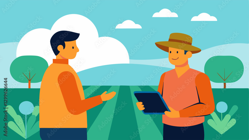 Poster smart irrigation a mentor displays a smart irrigation system on a tablet while a farmer inspects a f