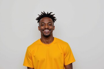 Obraz premium A Young African American Male Smiling Confidently in a Bright Yellow Shirt Against a Neutral Background