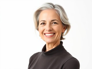 Portrait of a confident middle aged woman with a warm smile, isolated on a white background, elegant, smile