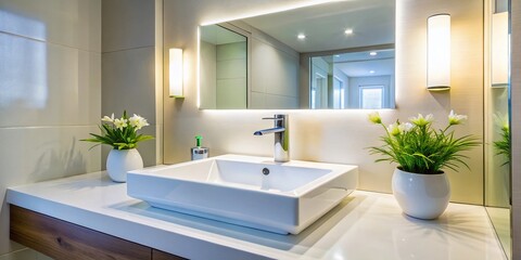 Modern White Bathroom Sink with Large Square Mirror - Clean Minimalist Design