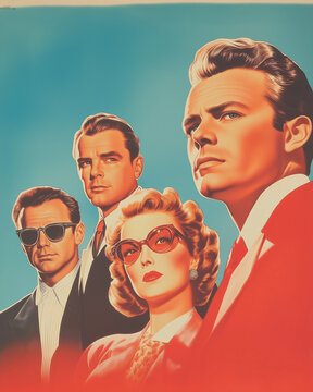 Retro-Portr&auml;t von vier Personen mit modischen Anz&uuml;gen vor buntem Hintergrund
