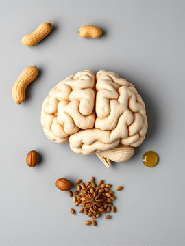 Brain food concept with peanut, hazelnut, seed-oil, spinage on gray background top view isolated with white highlights, png