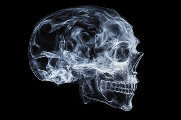 Smoky skull profile, dark background, abstract art, medical concept